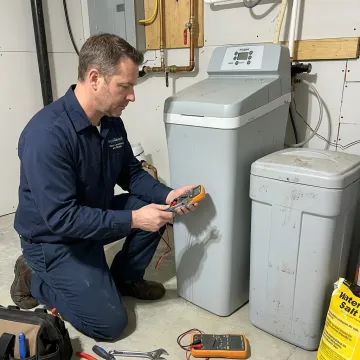 Technician inspecting a water softener control valve