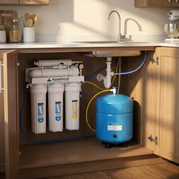 Reverse osmosis drinking water system under a kitchen sink