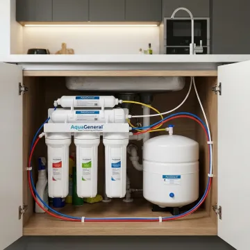 Reverse osmosis drinking water system under a kitchen sink