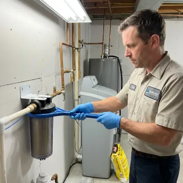 Technician replacing a water softener filter