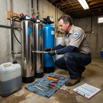 Technician replacing carbon filter media in a water treatment system