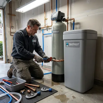 Technician installing a whole-house water softener
