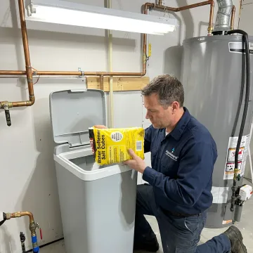 Technician filling a water softener brine tank with salt