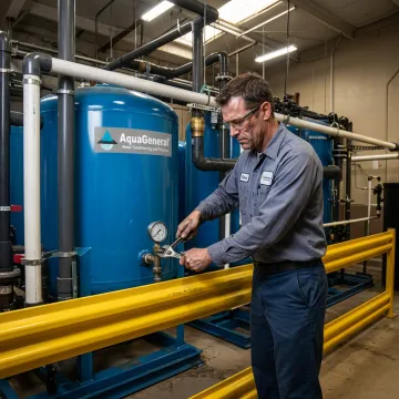 Technician testing commercial water treatment equipment