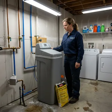 Water softener system installed in a home utility area