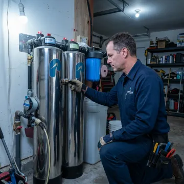Water specialist reviewing a whole house filtration and softener system