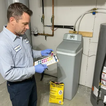 Technician testing water beside a home water softener system
