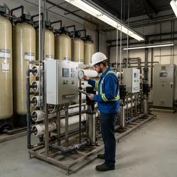 Technician inspecting commercial water treatment equipment