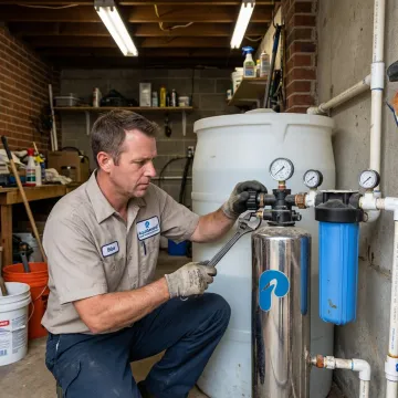 Technician servicing a home water softener system