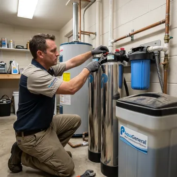 Water softener technician servicing home filtration equipment