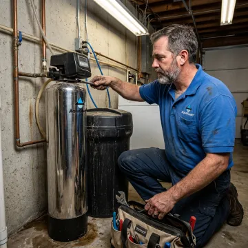 Water softener technician inspecting a home system