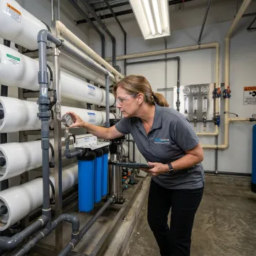 Technician testing commercial water treatment equipment