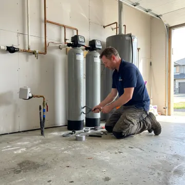 Technician installing a whole house water filtration system