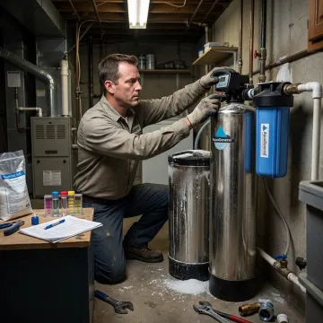Water softener maintenance technician inspecting equipment