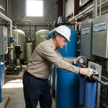 Technician servicing industrial water treatment equipment