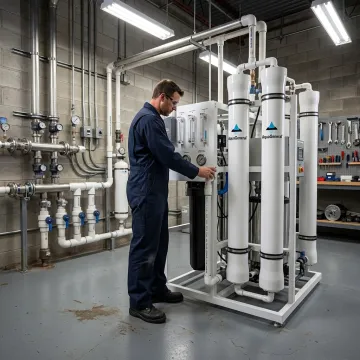 Industrial water treatment maintenance technician inspecting filtration equipment