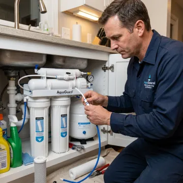 Technician maintaining a home water purification system