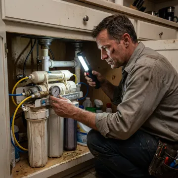 Technician servicing a reverse osmosis water purification system