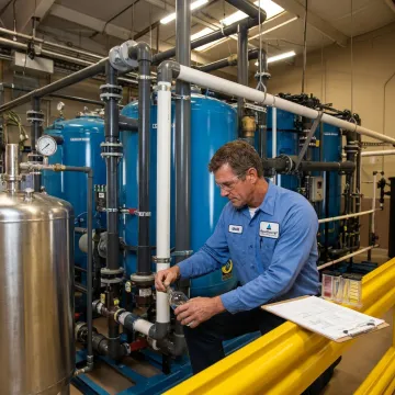 Technician testing industrial water treatment equipment