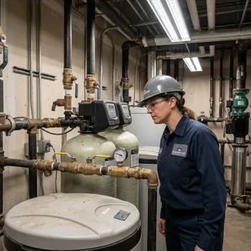 Technician inspecting commercial water filtration equipment