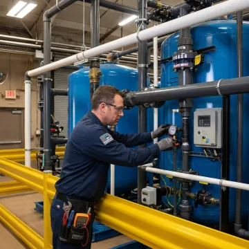 Commercial water treatment technician servicing filtration system