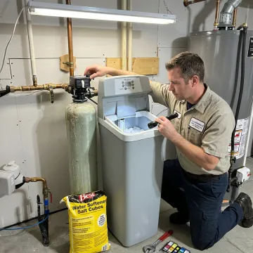 Technician testing a residential water softener