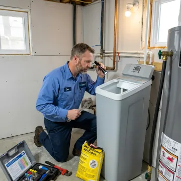 Water softener technician servicing a home system