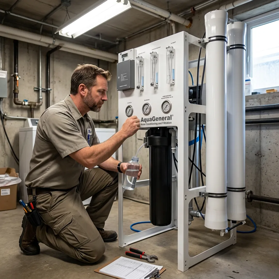 Technician testing purified water system in a laboratory