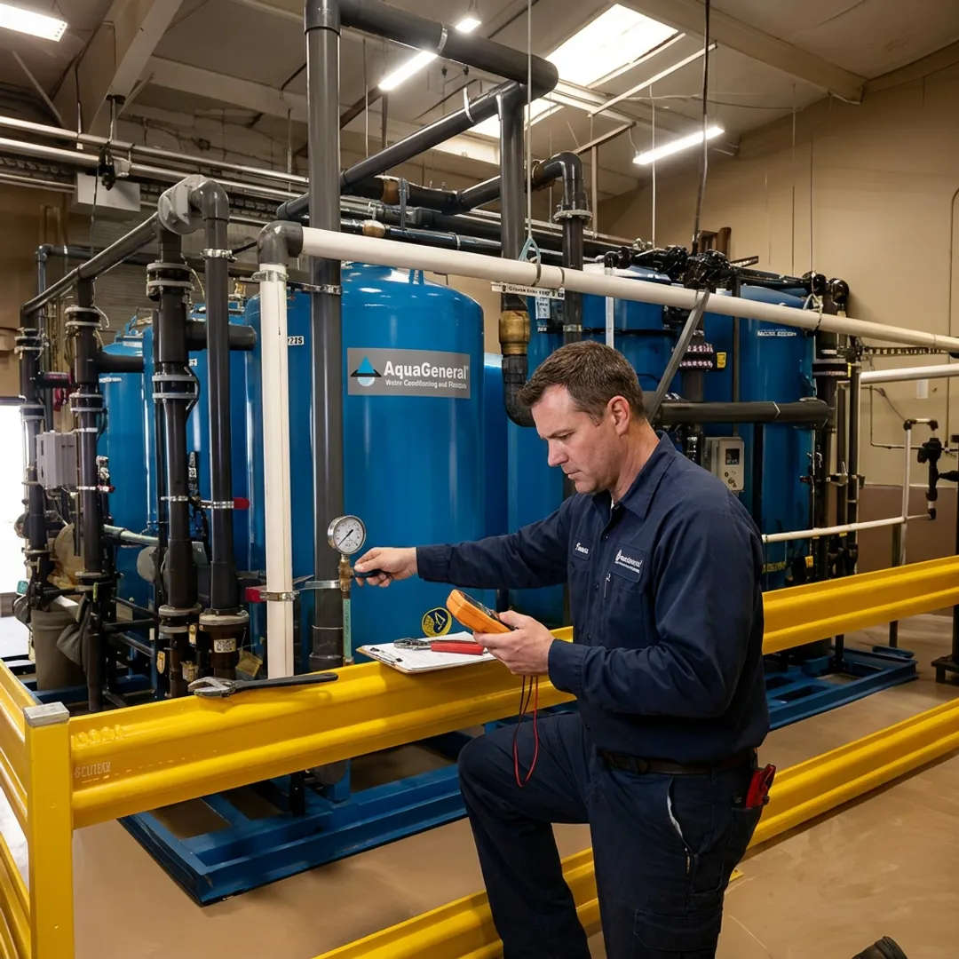 Technician testing industrial water treatment equipment