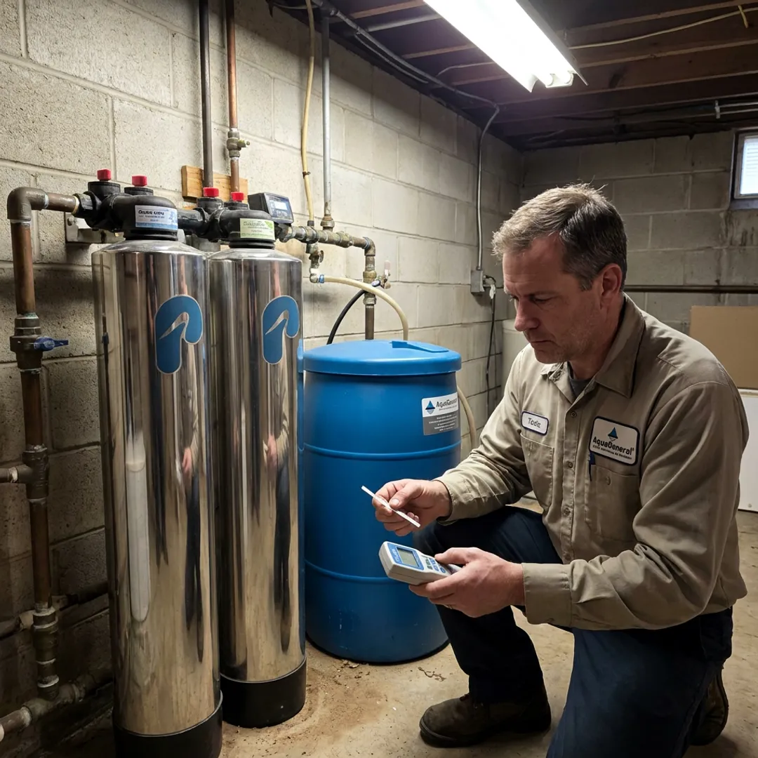 Water treatment specialist testing home water softener system