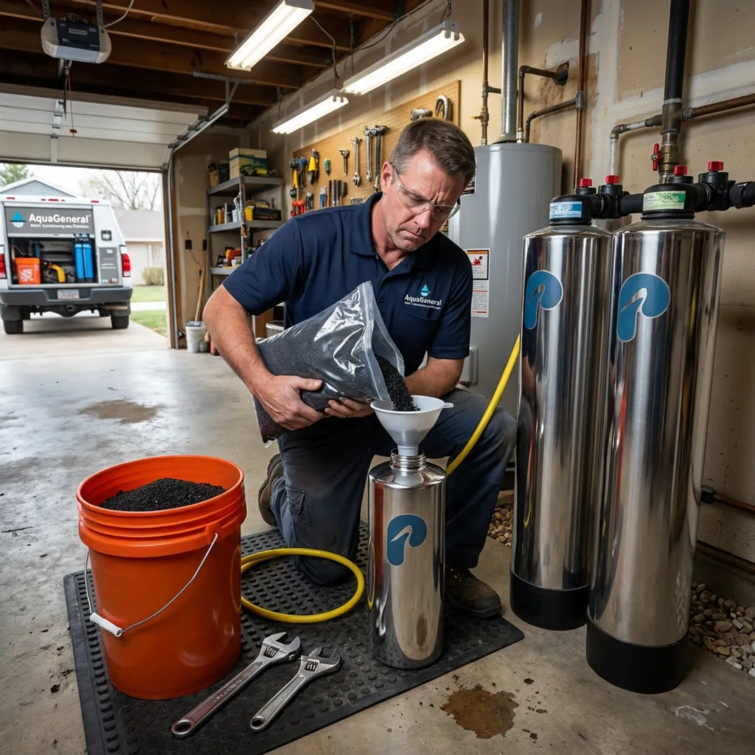 Technician replacing carbon media in a water treatment tank
