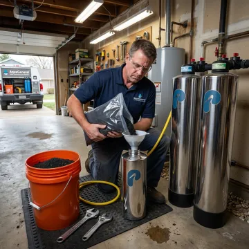 Technician replacing carbon media in a water treatment tank