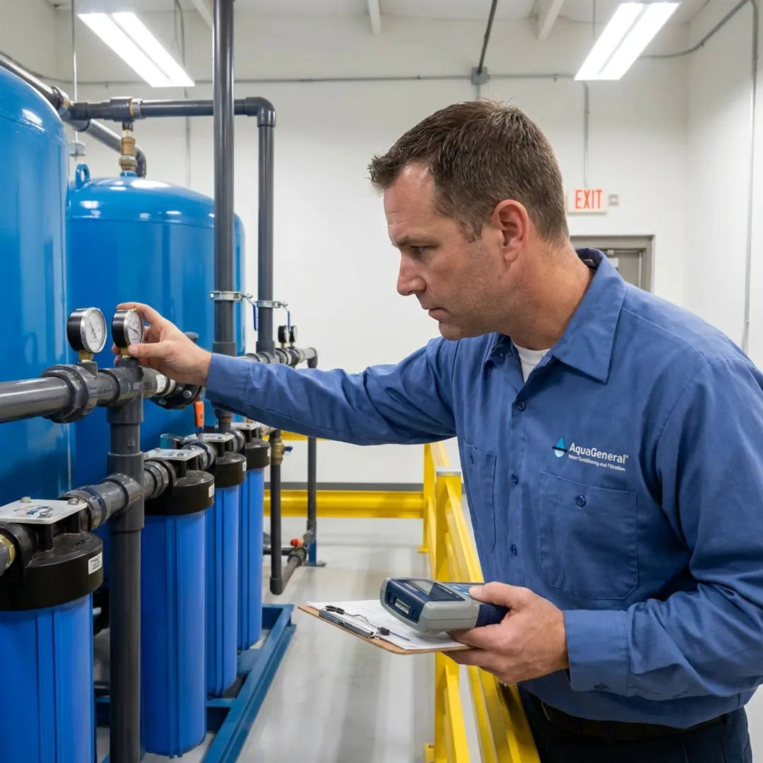 Technician testing purified water system in a clinical facility