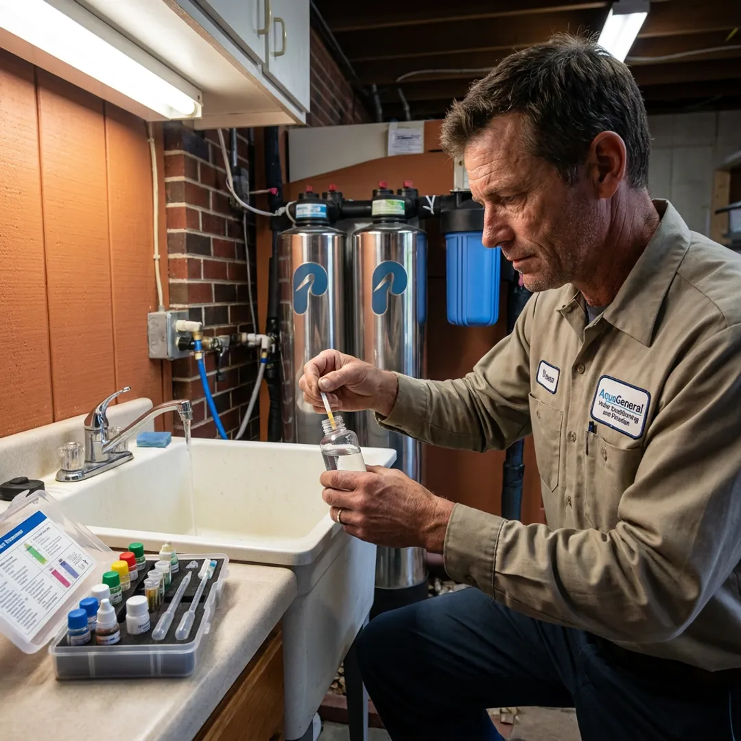 Technician testing household water before water softener installation