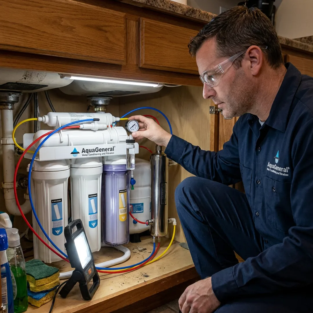Technician testing purified water system