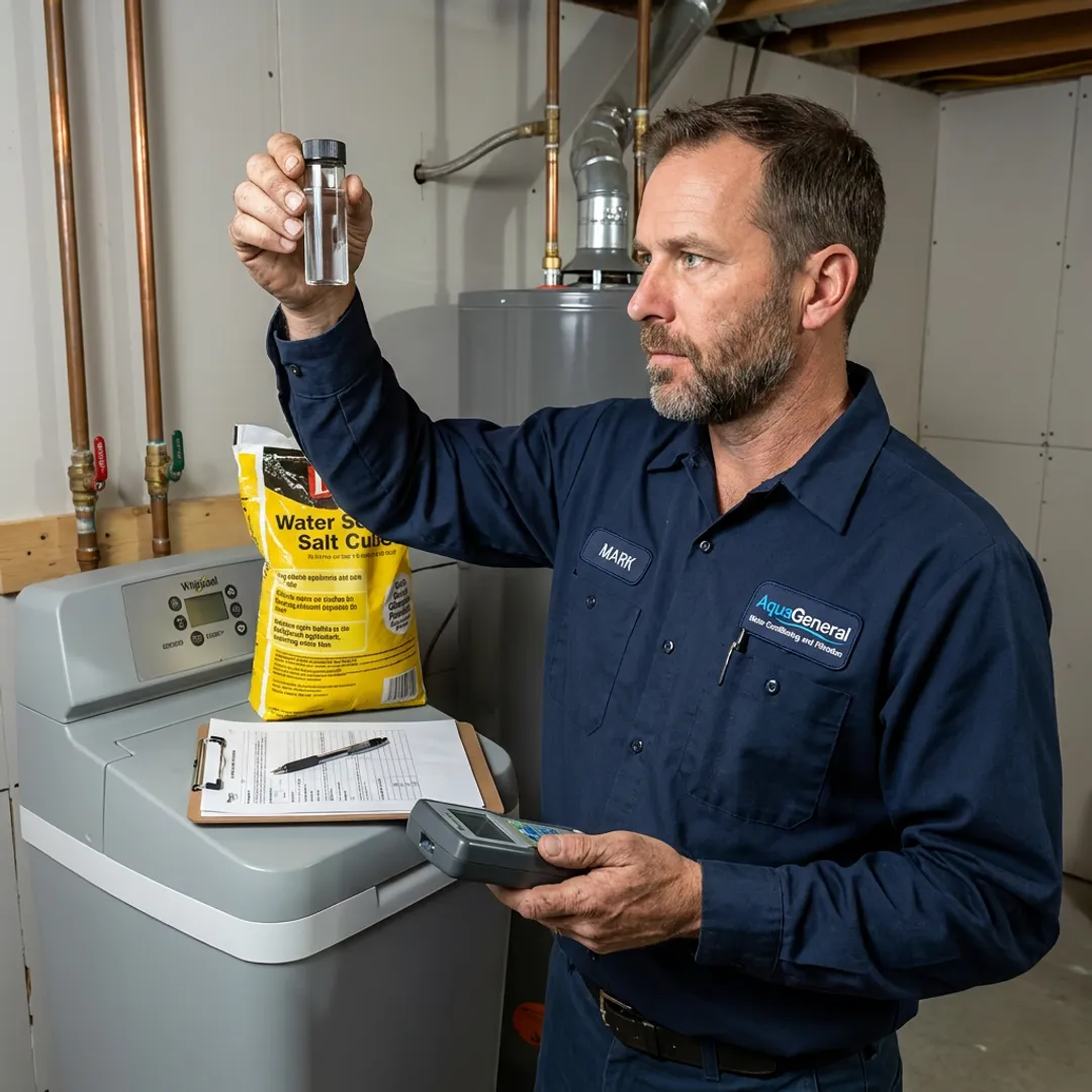 Technician testing water before treatment system installation