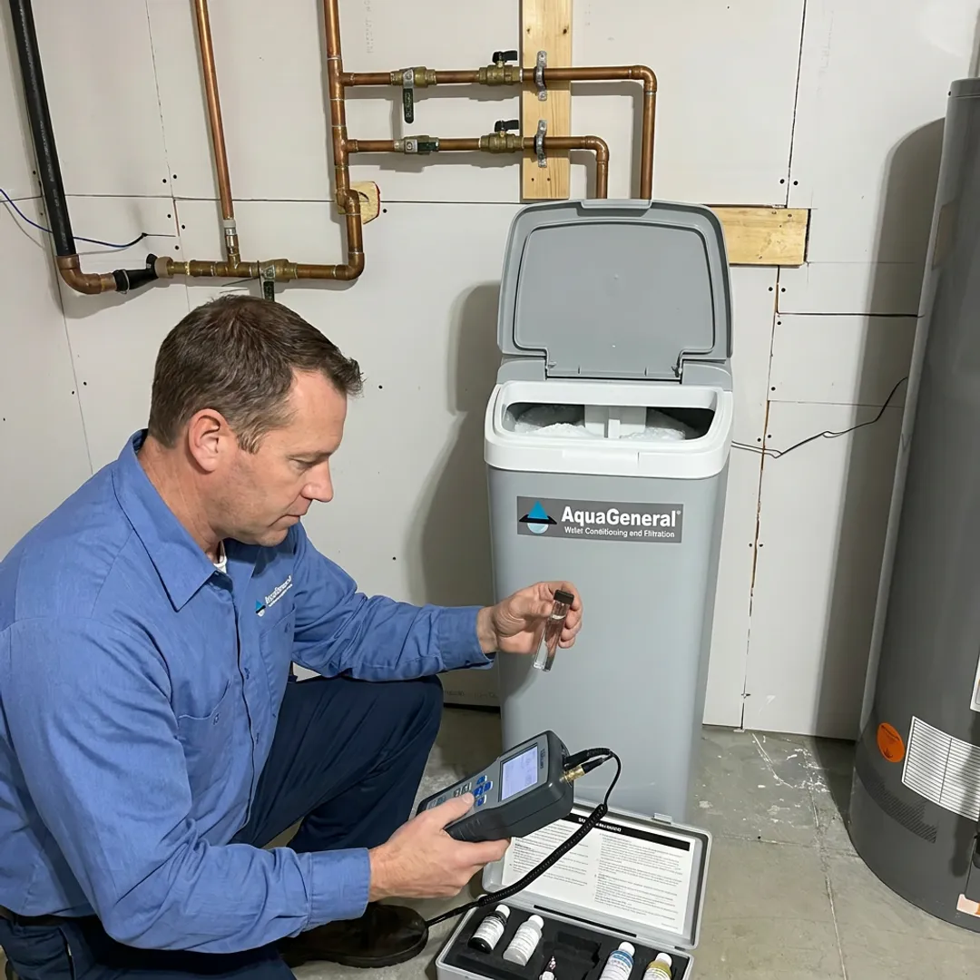 Technician testing water beside a home water softener