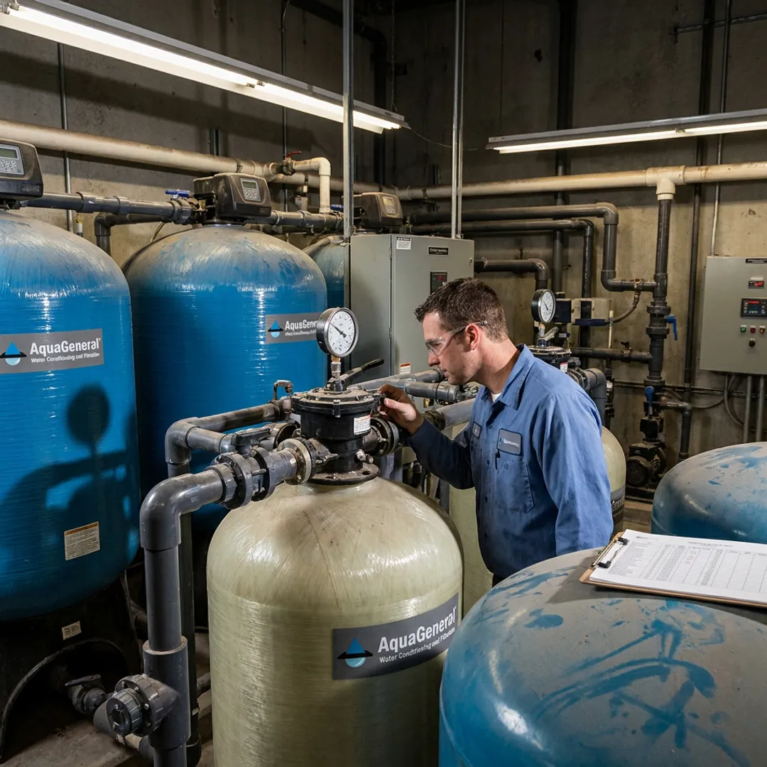 Technician servicing commercial water treatment equipment