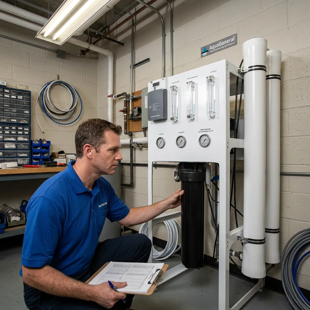 Technician inspecting a commercial reverse osmosis system