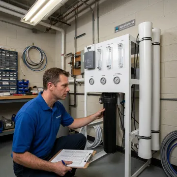 Technician inspecting a commercial reverse osmosis system