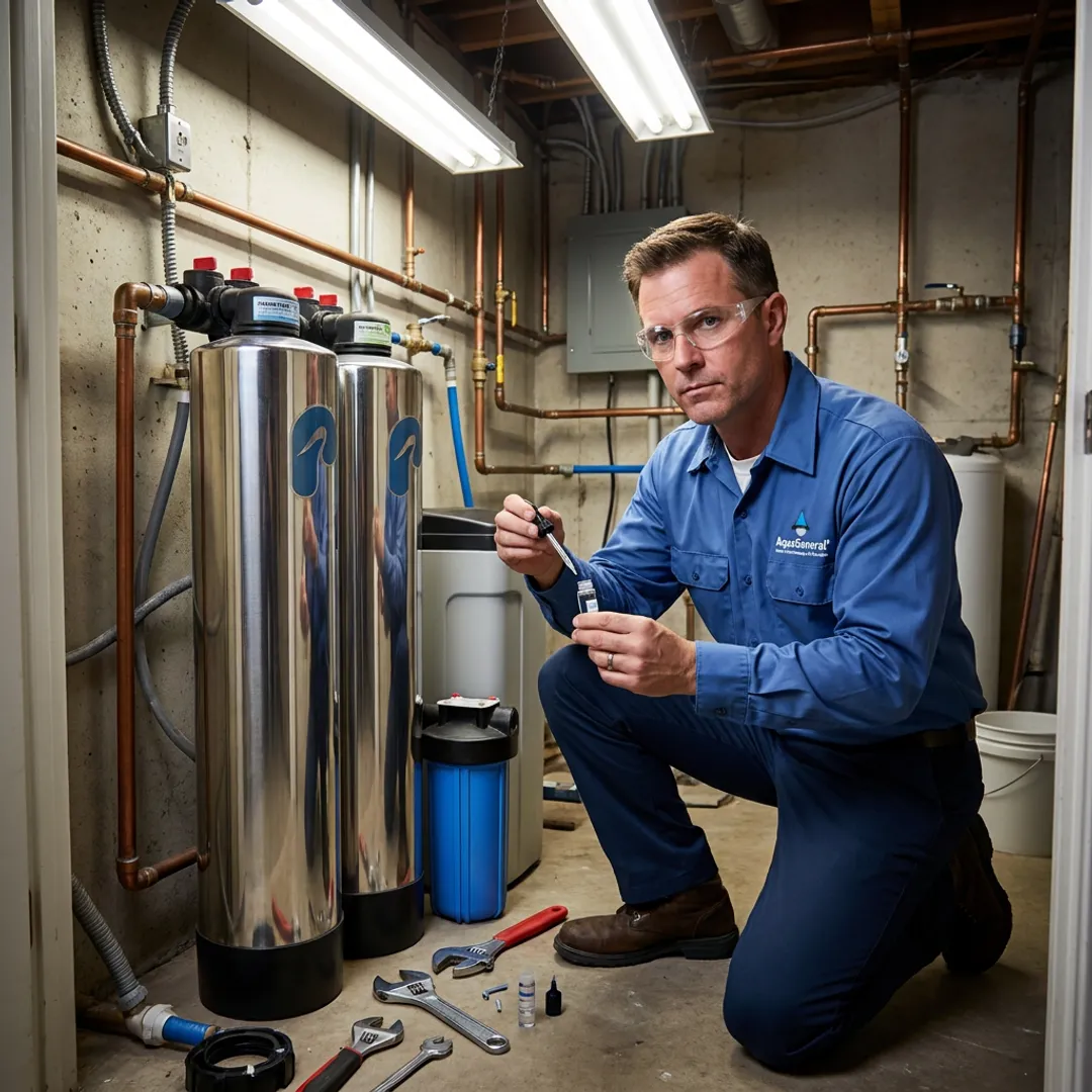Water specialist installing a residential softener