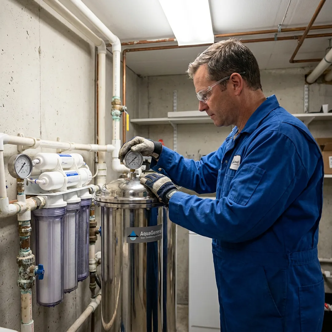 Technician inspecting chloramine filtration components