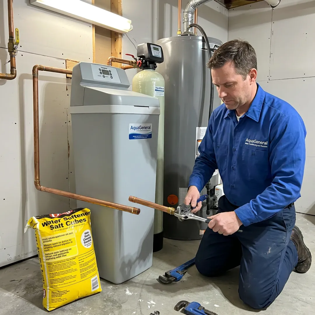 Technician installing a whole-house water treatment system