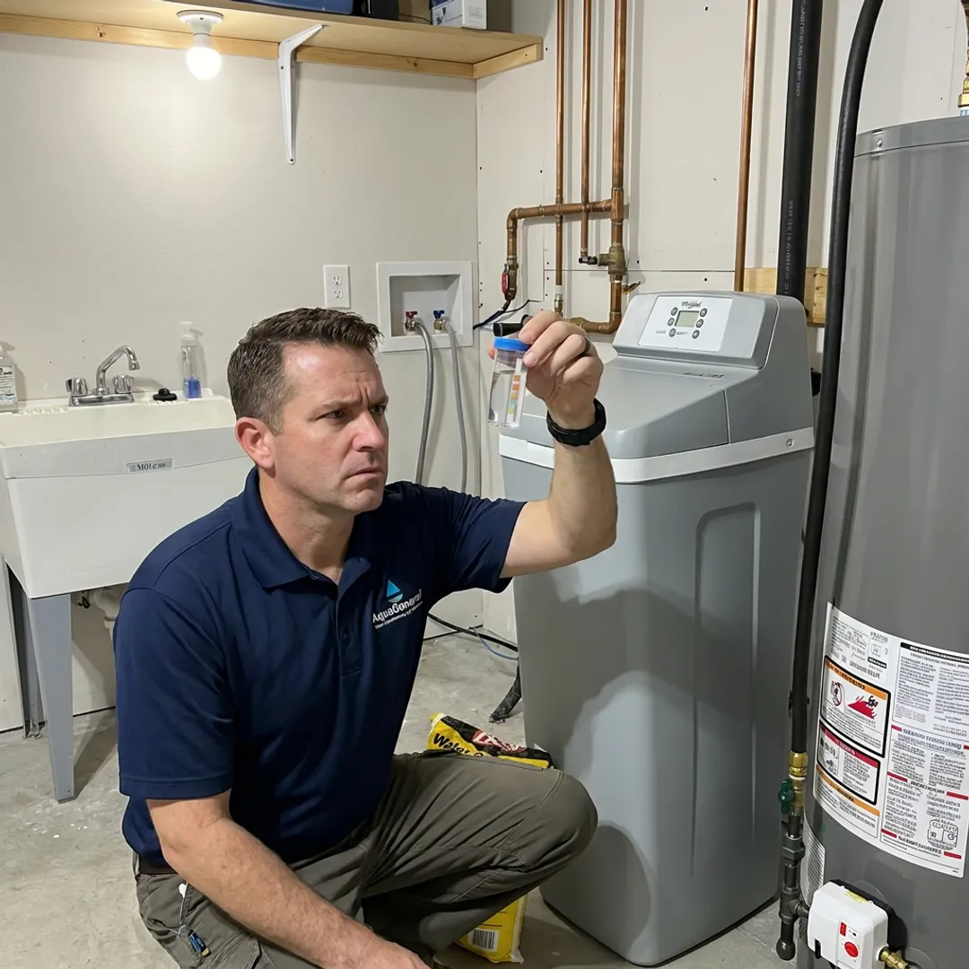 Technician testing water before softener installation
