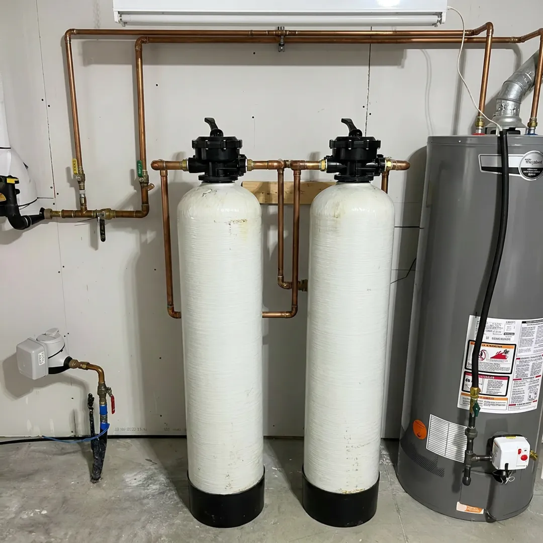 Whole house water filtration system installed in a home