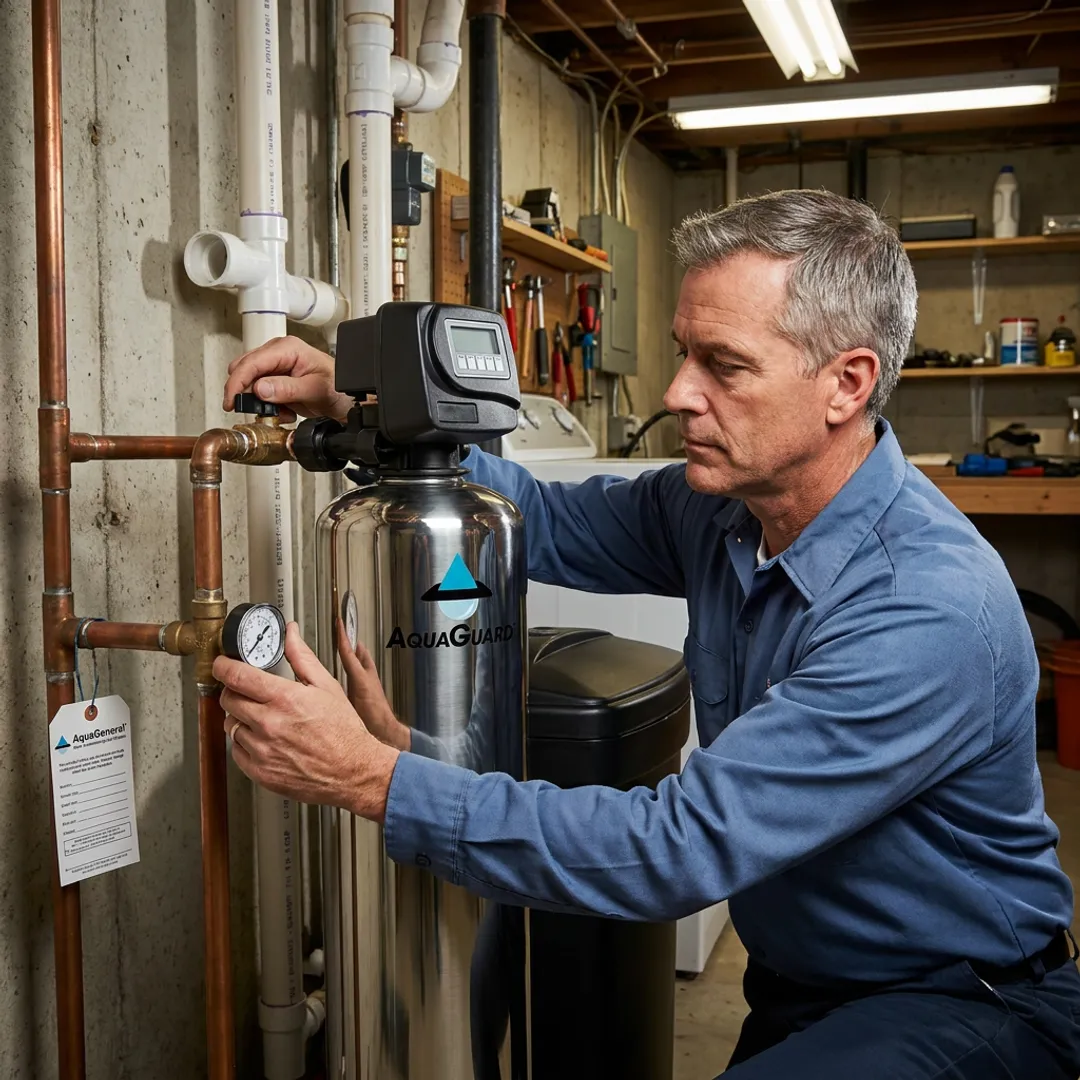 Technician inspecting a whole-house water softener system