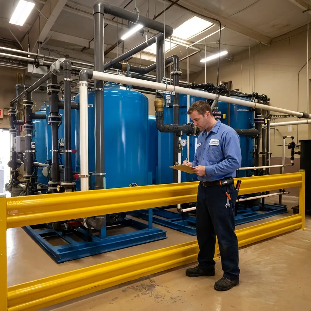 Technician testing industrial water treatment equipment