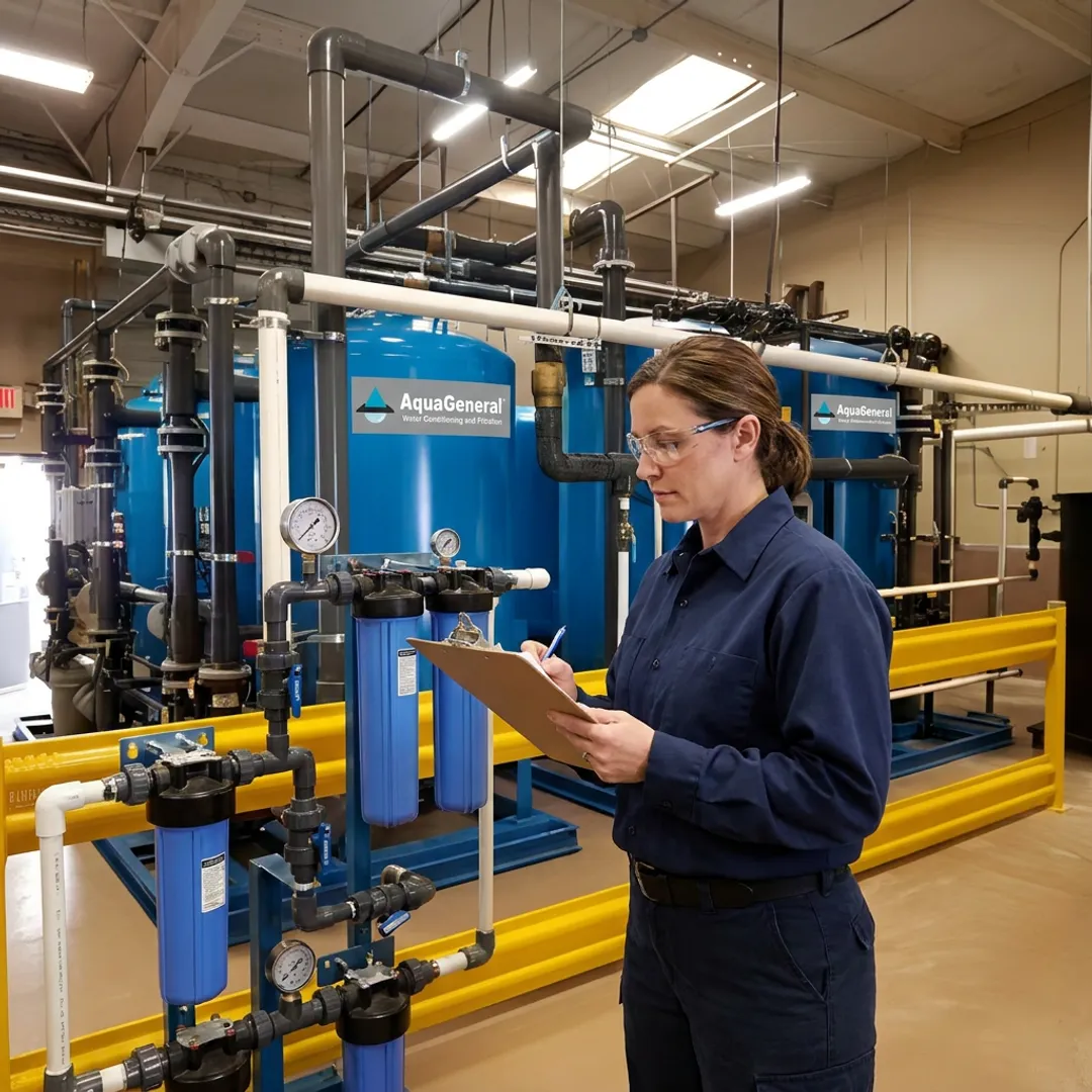 Technician servicing an industrial filtration system