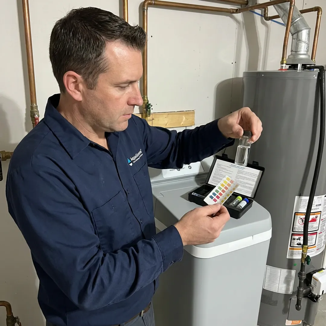 Technician testing water before filtration installation