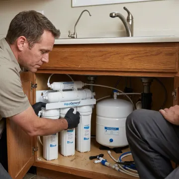 Technician installing reverse osmosis filter under sink